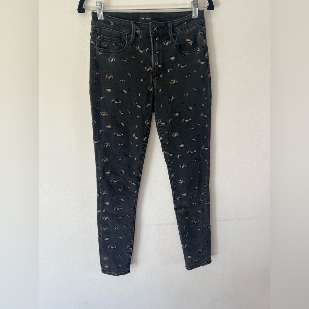 Driftwood The Jackie‎ High-Rise Black Denim Embroidered Leopard Pattern Jeans